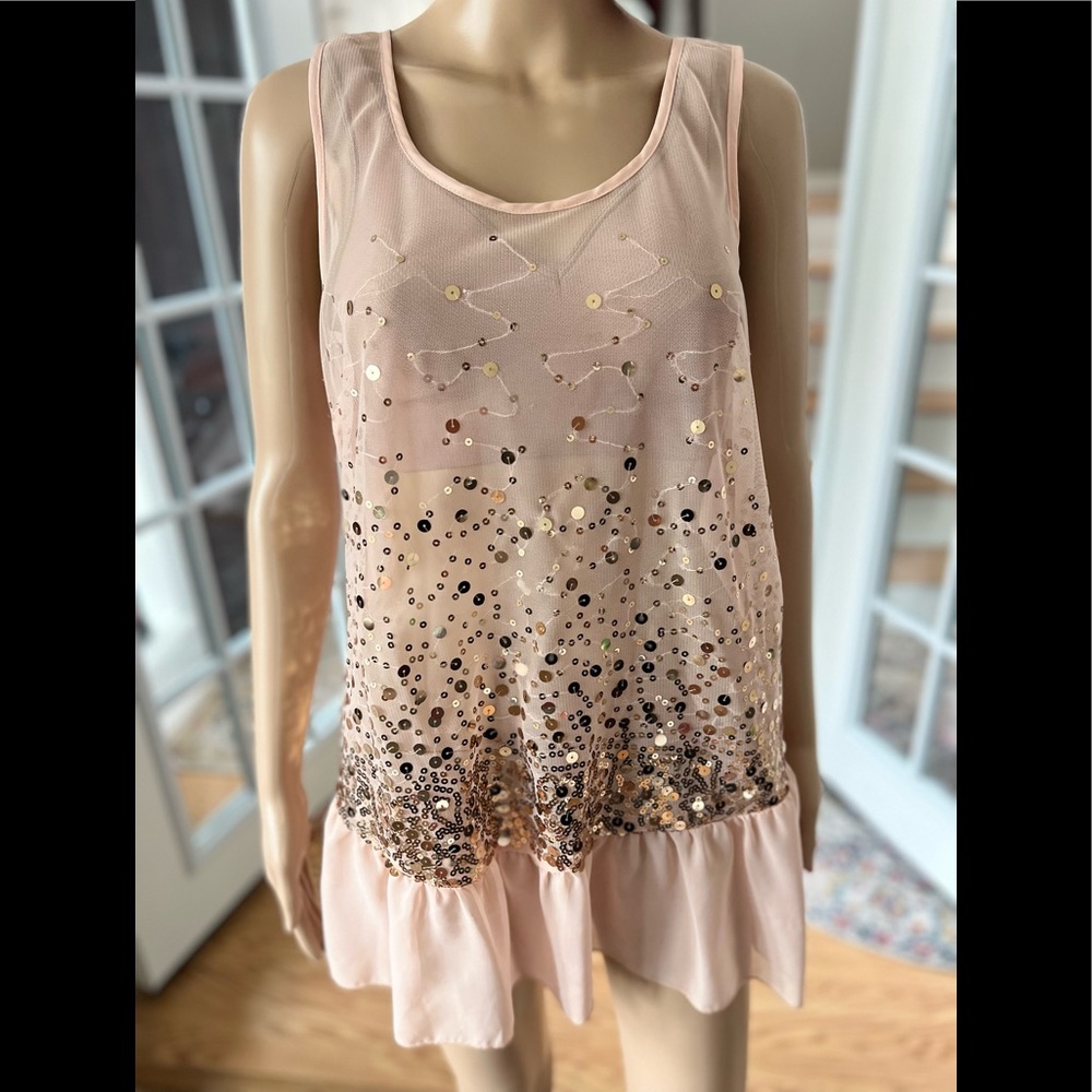 Sleeveless Sheer Tunic, Gold Sequin Design, Love 2be Loved, Pink, Large